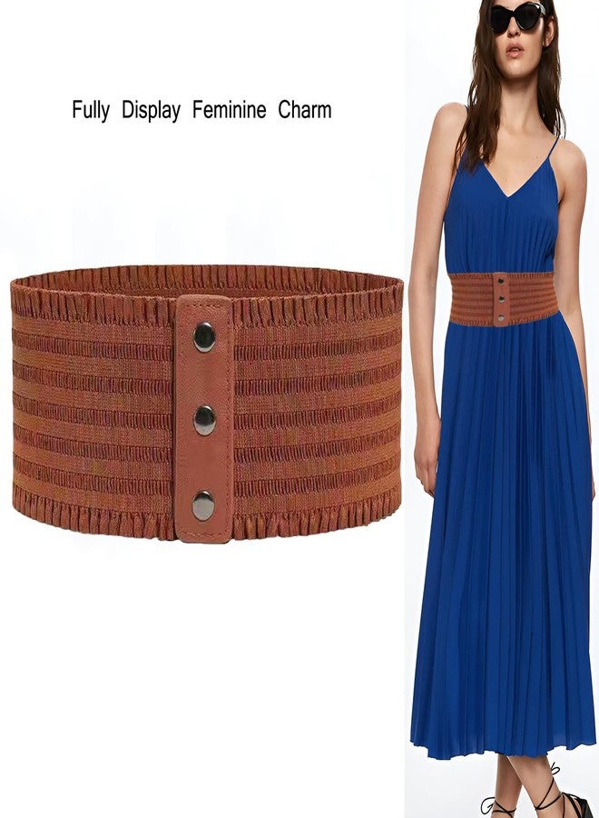 Kawailay Women's Wide Elastic Belt Vintage Cinch Waistband Snap Button Corset Waist Band for Dress - Brown - Image 3